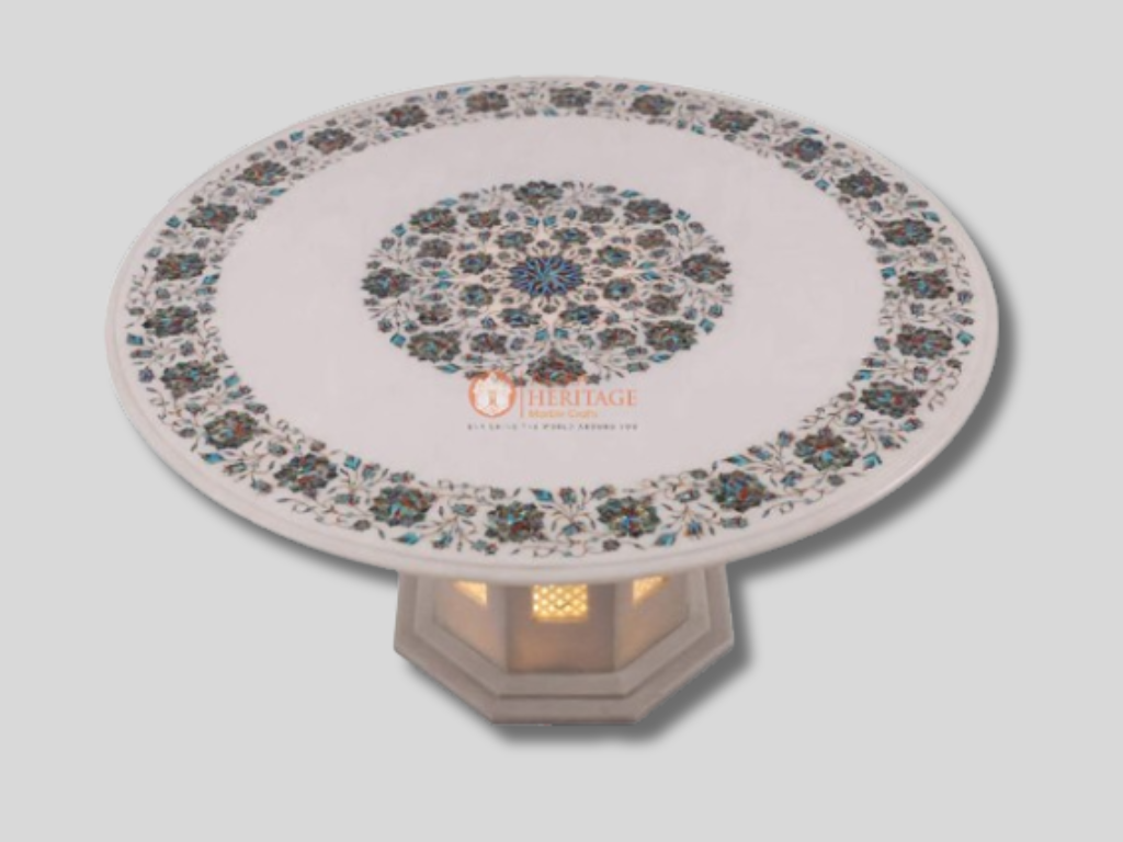 White Marble Paua Shell Inlay Coffee Table Top With Marble Base